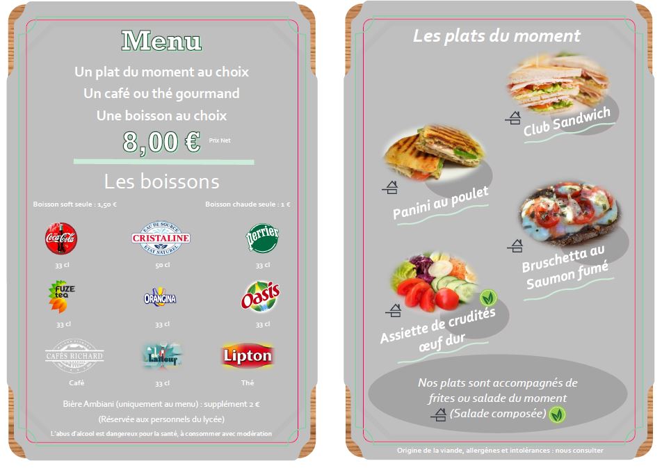 Menu des snacks proposés par la brasserie du Lycée polyvalent La Hotoie Amiens.