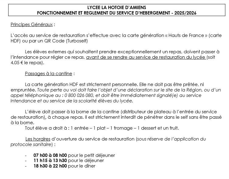 Document présentant le fonctionnement, les modalités d'accès et le règlement de la restauration scolaire du Lycée polyvalent La Hotoie Amiens.