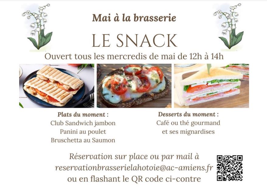 Menu des formules et snacks disponibles à la brasserie du Lycée polyvalent La Hotoie Amiens.