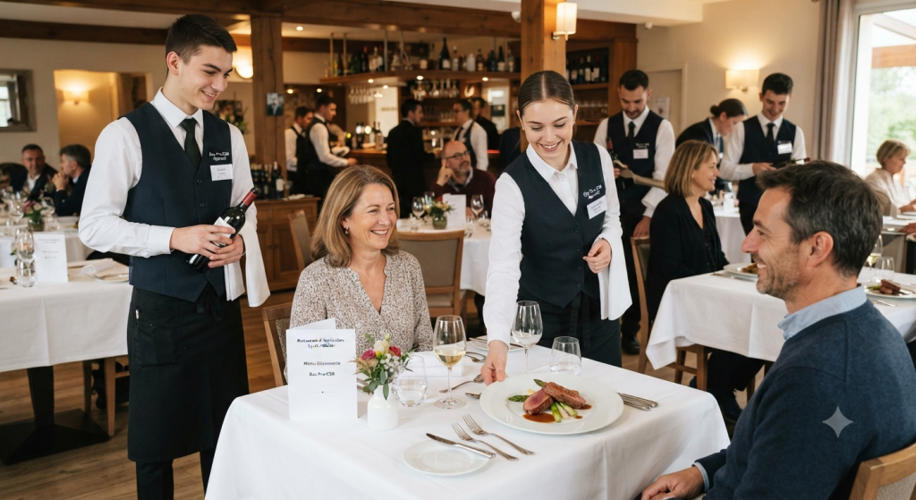 Illustration d'élèves assurant un service en salle dans la formation Hôtellerie-Restauration du Lycée polyvalent La Hotoie Amiens
